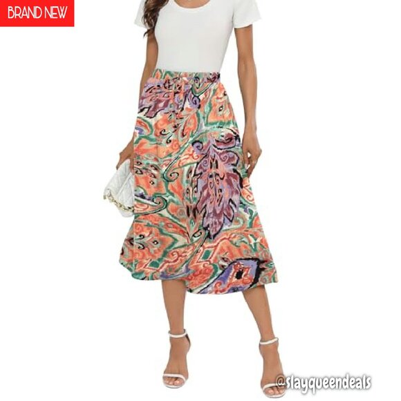 Boho Midi Skirt with Pockets High Waisted A-Line Summer Beach Cover Up - Picture 2 of 7